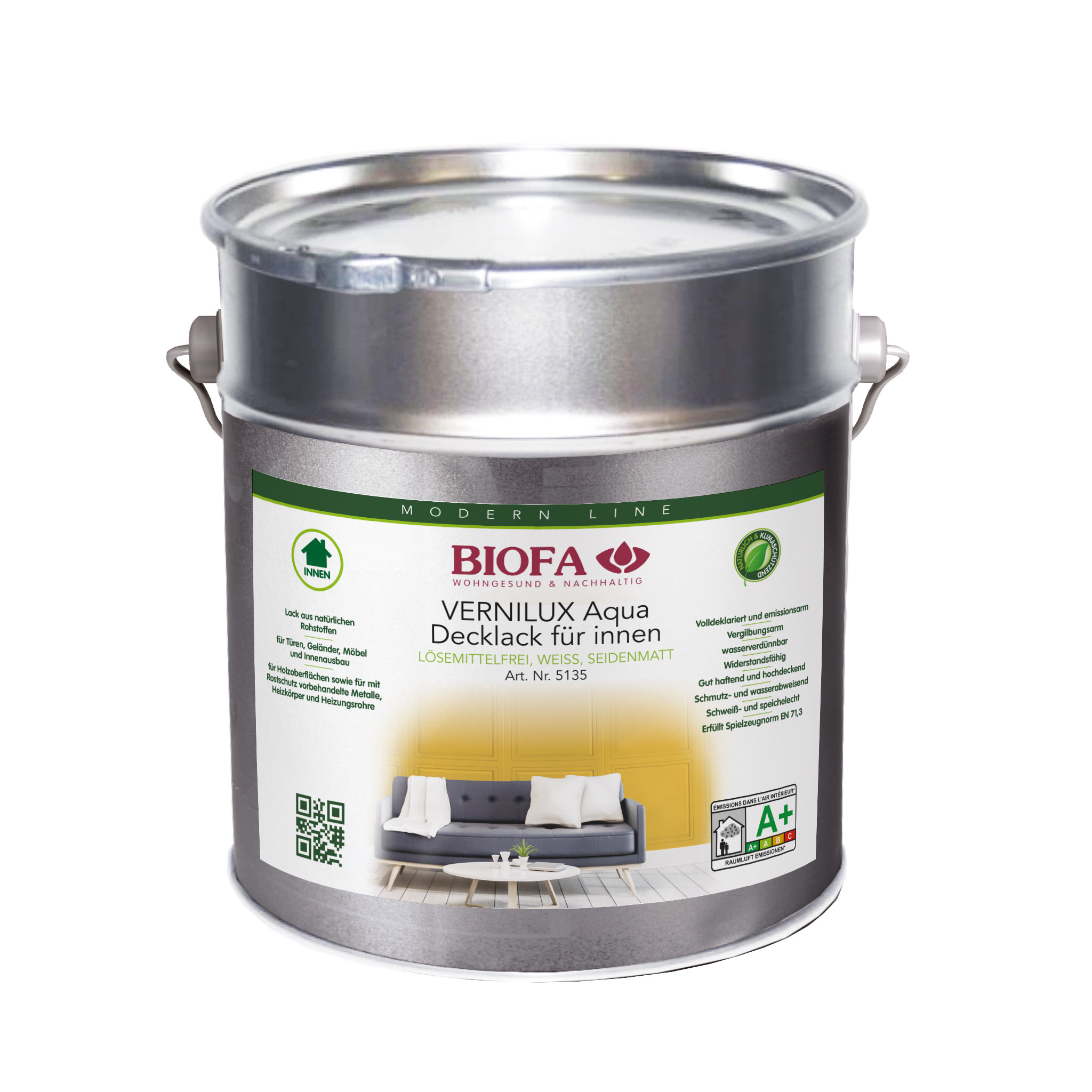 VERNILUX Aqua Decklack für innen seidenmatt weiß lösemittelfrei 5 l