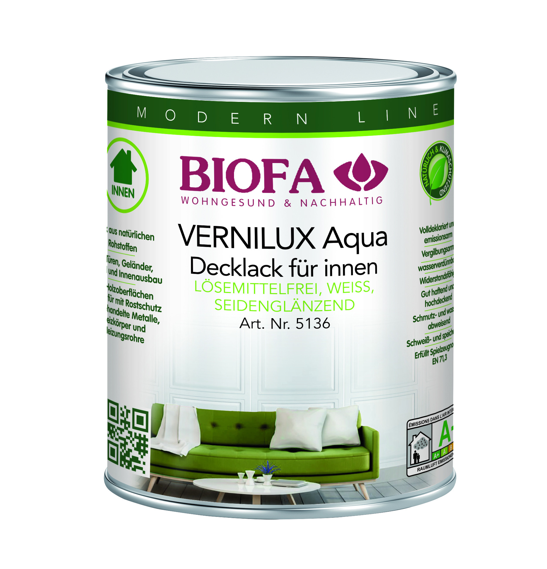 VERNILUX Aqua Decklack für innen seidenglänzend weiß lösemittelfrei 0,375 l